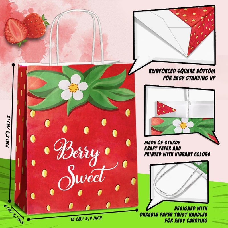 JOYGATHER 24 Pcs Strawberry Party Favor Bags With Handles - Berry Goodie Gift Bags for Kids, Kraft Paper for Birthday Party Supplies and Decorations - Image 3